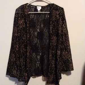 CHICO'S Women's Lace Jacket Size I and colors are Black and Gold.